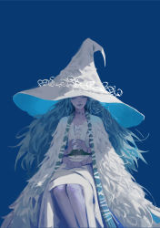 Rule 34 | 1girl, absurdres, alternate skin color, blue background, blue hair, blue lips, blue theme, cloak, closed eyes, closed mouth, colored skin, dress, elden ring, extra arms, facing viewer, fingernails, flat chest, fur cloak, ga is, grey skin, hat, highres, large hat, legs together, long dress, long hair, nail polish, ranni the witch, simple background, sitting, solo, stitches, white dress, white nails, witch hat