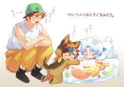 Rule 34 | 2boys, ^ ^, animal costume, backwards hat, bare shoulders, bear costume, blue hair, boots, closed eyes, closed eyes, food, fox costume, fruit, gloves, green headwear, hasegawa langa, hat, headband, highres, ice, kyan reki, licking, male focus, multiple boys, open mouth, orange eyes, orange hair, pants, short hair, sk8 the infinity, smile, tank top, tongue, tongue out, translation request, uppi, white gloves, white tank top, yellow pants
