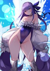 Rule 34 | 1girl, absurdres, bare shoulders, blue choker, blue eyes, blue one-piece swimsuit, blue ribbon, blush, breasts, choker, cleavage, collarbone, commentary, covered navel, english commentary, fate/grand order, fate (series), feet out of frame, frilled one-piece swimsuit, frills, grin, hair ribbon, highleg, highleg swimsuit, highres, lens flare, lightsource, long hair, looking at viewer, meltryllis, meltryllis (fate), meltryllis (swimsuit lancer) (fate), meltryllis (swimsuit lancer) (second ascension) (fate), off-shoulder one-piece swimsuit, off shoulder, one-piece swimsuit, outdoors, partially visible vulva, purple hair, ribbon, shiny skin, sleeves past fingers, sleeves past wrists, small breasts, smile, smug, solo, splashing, standing, strapless, strapless one-piece swimsuit, swimsuit, teeth, thick thighs, thighs, water, wide hips