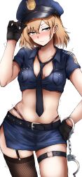 Rule 34 | 1girl, belt, black gloves, blonde hair, blue hat, blue shirt, blue skirt, blush, breast pocket, breasts, brown thighhighs, closed mouth, collared shirt, cosplay, cowboy shot, crop top, cuffs, embarrassed, fishnet thighhighs, fishnets, frown, garter straps, gloves, grey eyes, hand on own hip, hand up, handcuffs, hat, highleg, highres, looking at viewer, midriff, miniskirt, miyamori aoi, necktie, nose blush, panty straps, peaked cap, pencil skirt, pocket, police, police hat, police uniform, policewoman, shirobako, shirt, short hair, short sleeves, side slit, simple background, single thighhigh, skirt, small breasts, solo, stomach, tahita1874, tearing up, thigh strap, thighhighs, thighs, trembling, uniform, wavy mouth, white background