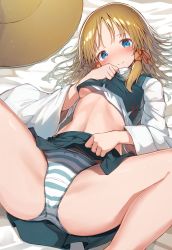 Rule 34 | 1girl, absurdres, blonde hair, blue eyes, blue skirt, blue vest, blush, breasts, closed mouth, clothes lift, flashing, hair ribbon, hat, highres, lifting own clothes, long sleeves, looking at viewer, lying, mamemochi, medium hair, midriff, miniskirt, moriya suwako, navel, no bra, on back, on bed, panties, red ribbon, ribbon, shirt, shirt lift, sidelocks, skirt, skirt lift, smile, solo, spread legs, striped clothes, striped panties, touhou, turtleneck, underboob, underwear, unworn hat, unworn headwear, upskirt, vest, white shirt, wide sleeves