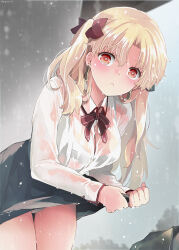 Rule 34 | 1girl, azumi (myameco), black skirt, blonde hair, bra, bra visible through clothes, breasts, closed mouth, commentary request, ereshkigal (fate), fate/grand order, fate (series), hair ribbon, long sleeves, looking at viewer, medium breasts, panties, pantyshot, rain, red ribbon, ribbon, shirt, skirt, solo, two side up, underwear, wet, wet clothes, wet shirt, white bra, white panties
