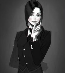 Rule 34 | 1girl, aconitea, arm behind back, formal, gloves, greyscale, lips, monochrome, necktie, original, parted lips, short hair, smile, solo, spot color, suit, upper body