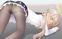 Rule 34 | 1girl, blue archive, blurry, blurry background, blush, commentary request, floor, hair ornament, halo, hifumi (blue archive), light brown hair, looking at viewer, low twintails, mirun (funimani), open clothes, panties, panties under pantyhose, pantyhose, road, school uniform, solo, street, sweat, nervous sweating, twintails, underwear, yellow eyes