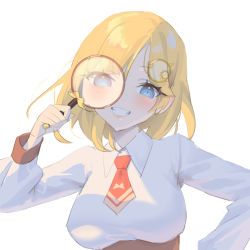 Rule 34 | 1girl, blonde hair, blue eyes, breasts, commentary, deme (karesuki), english commentary, holding, holding magnifying glass, hololive, hololive english, magnifying glass, medium breasts, medium hair, necktie, red necktie, short necktie, smile, solo, virtual youtuber, watson amelia
