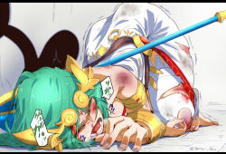 Rule 34 | 1boy, 1girl, abuse, bad id, bad pixiv id, bare shoulders, barefoot, beaten, blood, nosebleed, bruise, foot on head, green hair, injury, jewelry, kid icarus, long hair, mr. game &amp; watch, necklace, nintendo, nosebleed, open mouth, palutena, ryona, staff, stepped on, super smash bros., tears, tiara, top-down bottom-up, torichamaru, torn clothes, translation request, trembling, very long hair