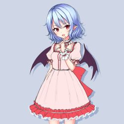 Rule 34 | 1girl, absurdres, alternate color, bat wings, blue background, blue hair, cowboy shot, dress, fang, finger to mouth, frilled dress, frills, highres, index finger raised, junior27016, lolita fashion, neck ribbon, open mouth, pink dress, pointy ears, puffy short sleeves, puffy sleeves, purple background, red eyes, red ribbon, remilia scarlet, ribbon, short sleeves, simple background, solo, touhou, wings, wrist cuffs