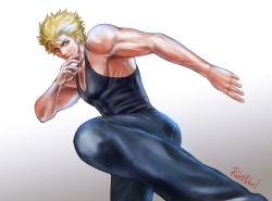 Rule 34 | 1boy, artist name, blonde hair, blue eyes, denim, fighting stance, gradient background, jacky bryant, jeans, kicking, male focus, muscular, pants, pectorals, pink devil, revision, ribs, short hair, signature, solo, standing, standing on one leg, tank top, veins, virtua fighter