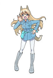 Rule 34 | 1girl, :d, animal ears, bad id, bad pixiv id, blonde hair, blue eyes, blush, boots, eila ilmatar juutilainen, fox ears, fox tail, full body, hand on own hip, jacket, leaning forward, long hair, military, military uniform, open mouth, pantyhose, shiratama (hockey), simple background, smile, solo, strike witches, tail, traditional media, uniform, white background, white pantyhose, world witches series