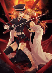 Rule 34 | 1boy, 1girl, :d, bandages, barefoot, belt, black footwear, black gloves, blonde hair, blue eyes, boots, dress, eye contact, eyepatch, full moon, gloves, gun, hand on another&#039;s hip, holding, holding gun, holding sword, holding weapon, kagamine len, kagamine rin, karakuri burst (vocaloid), katana, long hair, looking at another, moon, necktie, night, on one knee, open mouth, outdoors, ponytail, red dress, red eyes, red neckwear, role reversal, short hair, sleeveless, sleeveless dress, smile, suzunosuke (sagula), sword, thigh boots, thighhighs, vocaloid, weapon