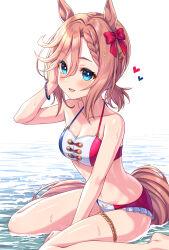 Rule 34 | 1girl, :d, animal ears, bare arms, bare shoulders, bikini, blue eyes, blush, bow, braid, braided bangs, breasts, brown hair, cleavage, collarbone, commentary request, french flag bikini, frilled bikini, frills, hair between eyes, hair bow, hand up, heart, highres, horse ears, horse girl, horse tail, looking at viewer, low twintails, medium breasts, open mouth, red bow, shallow water, short twintails, sitting, smile, solo, swimsuit, tail, tomo (tmtm mf mf), twintails, umamusume, venus paques (umamusume), wariza, water, wet, white background
