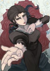 Rule 34 | 1girl, ahamma, bara to tsubaki, black dress, breasts, brown eyes, brown hair, dress, flower, hand up, lipstick, long sleeves, makeup, outstretched arm, pink nails, puffy long sleeves, puffy sleeves, rose, small breasts, solo, standing, thick eyebrows, tsubakikoji reiko