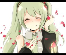 Rule 34 | 1girl, bad id, bad pixiv id, bare shoulders, blush, closed eyes, detached sleeves, female focus, green hair, hatsune miku, letterboxed, mono (recall), necktie, petals, smile, solo, twintails, vocaloid, white background