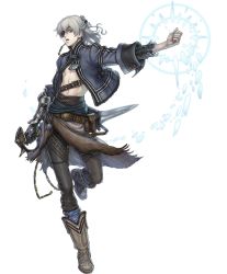 Rule 34 | 1boy, :o, abs, androgynous, aq interactive, armor, beads, belt, belt buckle, belt pouch, blue eyes, boots, braid, buckle, chain, clenched hand, cowboy boots, eyepatch, fighting stance, fujisaka kimihiko, full body, fur trim, gauntlets, grey hair, hair between eyes, hair ornament, half updo, ice, jacket, jewelry, leg lift, long hair, looking at viewer, magic, male focus, midriff, mistwalker, navel, necklace, nintendo, official art, open clothes, open mouth, open shirt, outstretched arm, pants, pectorals, pendant, ponytail, pouch, running, shirt, short hair, side braid, sleeves rolled up, solo, standing, standing on one leg, steampunk, strap, sword, the last story, transparent background, turtleneck, weapon, white background, wide sleeves, yuris (the last story)