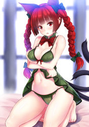 Rule 34 | 1girl, animal ears, babydoll, barefoot, blush, bow, braid, breast hold, breasts, cat ears, cat girl, cat tail, cleavage, crossed arms, detached collar, ebi 193, covered erect nipples, extra ears, female focus, green panties, hair bow, kaenbyou rin, kneeling, large breasts, long hair, looking at viewer, multiple tails, navel, open mouth, panties, pointy ears, red eyes, red hair, sideboob, solo, tail, thighs, touhou, twin braids, underwear, underwear only