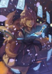 Rule 34 | 1girl, animal hat, blonde hair, clenched teeth, dress, fox tail, hat, hidebo, highres, long sleeves, looking at viewer, mob cap, multiple tails, outstretched arms, mob cap, solo, spell card, tabard, tail, teeth, touhou, white dress, wide sleeves, yakumo ran, yellow eyes