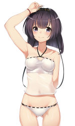 Rule 34 | 1girl, absurdres, ahoge, akizuki (kancolle), arm behind back, arm up, armpits, bad id, bad pixiv id, bare arms, bare shoulders, bikini, black hairband, blush, breasts, cleavage, collarbone, cowboy shot, gin00, gluteal fold, hairband, halterneck, highres, kantai collection, looking at viewer, medium breasts, navel, playing with own hair, purple eyes, purple hair, see-through, shiny skin, short hair, simple background, solo, standing, stomach, swimsuit, tankini, tareme, thigh gap, white background, white bikini, wide hips