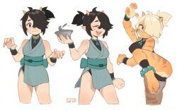 Rule 34 | 1girl, absurdres, ayu (sui (suizilla)), black hair, blush, breasts, closed mouth, cropped legs, fang, furry, furry female, green eyes, hair over one eye, highres, horns, looking at viewer, multiple views, oni, oni horns, open mouth, original, pointy ears, short hair, sleeveless, small breasts, smile, striped skin, sui (suizilla), teeth, tiger girl