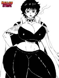 Rule 34 | 1girl, breasts, cigarette, cleavage, collar, curvy, doll (one piece), earrings, female focus, hand on own hip, highres, huge breasts, jewelry, looking at viewer, mallowstrife, midriff, monochrome, narrow waist, navel, one piece, short hair, skindentation, solo, spiked collar, spikes, tattoo, thick thighs, thighs, wide hips