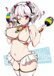 Rule 34 | 1girl, bare shoulders, bikini, bikini skirt, blush, breasts, cameltoe, cleavage, cleft of venus, covered erect nipples, curvy, frilled bikini, frills, grin, headphones, heart, instrument, jewelry, large breasts, maracas, micro bikini, miyamoto issa, musical note, navel, necklace, nitroplus, one eye closed, pink eyes, pink hair, smile, solo, strap gap, super sonico, sweat, swimsuit, thighhighs, twintails, white thighhighs, wink