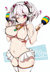 1girl bare_shoulders bikini bikini_skirt blush breasts cameltoe cleavage covered_erect_nipples curvy female_focus frilled_bikini frills grin headphones heart instrument jewelry large_breasts maracas micro_bikini miyamoto_issa musical_note navel necklace nitroplus one_eye_closed pink_eyes pink_hair smile solo strap_gap super_sonico sweat swimsuit thighhighs twintails white_thighhighs wink