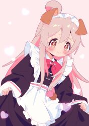 Rule 34 | 1girl, ahoge, animal ears, apron, blush, bow, bowtie, brown eyes, commentary, dog ears, frilled apron, frills, hair between eyes, heart, highres, long hair, long sleeves, maid, maid headdress, mochitsuki kagami, official alternate costume, onii-chan wa oshimai!, oyama mahiro, pink background, pink hair, puffy long sleeves, puffy sleeves, red bow, red bowtie, sidelocks, simple background, skirt hold, smile, solo, waist apron, white apron