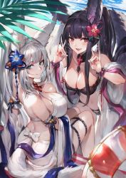 Rule 34 | 2girls, animal ears, bare shoulders, beach, bell, bikini, black bikini, black hair, blue eyes, blue sky, blush, breast press, breasts, choker, cleavage, closed mouth, cloud, day, detached sleeves, erune, fang, flower, fox ears, fox tail, granblue fantasy, hair bell, hair flower, hair ornament, highres, jingle bell, large breasts, light particles, long hair, looking at viewer, multiple girls, off shoulder, open mouth, outdoors, red eyes, silver hair, sitting, skindentation, sky, smile, societte (granblue fantasy), swimsuit, tail, very long hair, watao, wet, wet clothes, white bikini, yuel (granblue fantasy)