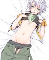 Rule 34 | 10s, 1boy, clothes lift, clothes pull, final fantasy, final fantasy xiii, green eyes, highres, hope estheim, lying, male focus, navel, on back, pants, pants pull, shirt lift, solo, suzumaru (abyss iris), tears, white hair