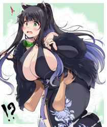 Rule 34 | !?, 1girl, absurdres, alternate breast size, animal ears, black gloves, black hair, blue archive, blue hair, blush, border, breasts, cleavage, collarbone, commentary request, disembodied hand, dress, feet out of frame, gloves, grabbing another&#039;s stomach, green background, green eyes, highres, huge breasts, kurokaze no sora, long hair, multicolored hair, open hands, open mouth, outside border, shun (blue archive), sidelocks, solo focus, sweat, tareme, thick thighs, thighs, two-tone hair, white border