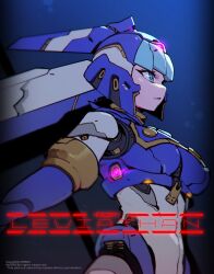 Rule 34 | 1girl, absurdres, android, armor, artist name, blue eyes, blue helmet, breastplate, breasts, character name, covered navel, crop top, fairy leviathan (mega man), fins, forehead jewel, from side, glowing, head fins, highres, holding, holding pole, mar10, medium breasts, mega man (series), mega man zero (series), pole, ringed eyes, robot girl, solo, underwater