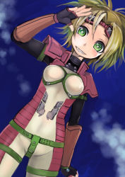 Rule 34 | 1girl, arm at side, black gloves, blonde hair, bodysuit, breasts, cowboy shot, dutch angle, final fantasy, final fantasy x, fingerless gloves, gloves, goggles, goggles on head, green eyes, grin, hand up, looking at viewer, rikku (ff10), ruu bot, short hair, small breasts, smile, solo, teeth, thigh strap