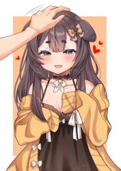 Rule 34 | 1girl, 1other, :3, animal ears, black choker, black dress, border, bow, brown bow, brown eyes, choker, collarbone, commission, dog ears, dog girl, dress, fang, hair bow, half-closed eyes, headpat, heart, highres, inukai purin, komiojisan, open mouth, orange background, outside border, skeb commission, sleeves past fingers, sleeves past wrists, smile, sweater, tsunderia, virtual youtuber, white border, white bow, yellow sweater