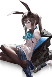 Rule 34 | 1girl, amiya (arknights), animal ears, arknights, ascot, bare shoulders, black jacket, blazpu, blouse, blue ascot, blue eyes, blue footwear, blue skirt, brown hair, brown pantyhose, expressionless, extra ears, female focus, from side, full body, highres, jacket, long hair, looking away, off shoulder, open clothes, open jacket, pantyhose, parted lips, ponytail, rabbit ears, shirt, shoes, sidelocks, simple background, sitting, skirt, sleeveless, sleeveless shirt, solo, white background, white shirt