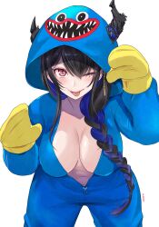 Rule 34 | 1girl, absurdres, alternate costume, alternate hairstyle, asymmetrical horns, black hair, blue hair, blush, braid, breasts, cleavage, colored inner hair, demon horns, highres, hololive, hololive english, hood, hood up, horns, huggy wuggy, kivo, large breasts, long hair, looking at viewer, mole, mole under eye, multicolored hair, navel, nerissa ravencroft, one eye closed, onesie, poppy playtime, red eyes, smile, solo, tongue, tongue out, two-tone hair, uneven horns, very long hair, virtual youtuber