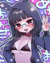 Rule 34 | 1girl, @ @, animal hood, bikini, black bikini, black hair, black jacket, blunt bangs, blush, breasts, collar, commentary request, glasses, highres, hood, hood up, hooded jacket, jacket, large breasts, long hair, long sleeves, looking at viewer, open clothes, open mouth, red collar, red eyes, sharp teeth, shinigami dot com, simple background, solo, star (symbol), sweat, swimsuit, teeth, upper body, v, yasashii naizou