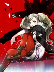 Rule 34 | 10s, 1girl, blonde hair, blue eyes, boots, eu (euspia), from side, hair ornament, hairclip, hood, hoodie, knee up, looking at viewer, pantyhose, persona, persona 5, plaid, plaid skirt, school uniform, sitting, skirt, solo, star (symbol), takamaki anne, twintails