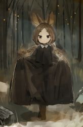 Rule 34 | 1girl, barefoot, black dress, brown eyes, brown hair, child, curtsey, dress, forest, highres, looking at viewer, nature, rabbit ears, rabbit feet, rabbit girl, rock, shirokujira, snow, twintails