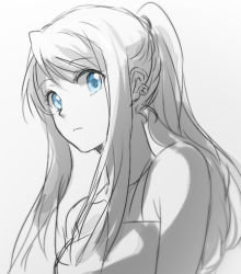 Rule 34 | 1girl, bare shoulders, blue eyes, close-up, earrings, expressionless, eyelashes, fullmetal alchemist, gradient background, grey background, greyscale, jewelry, long hair, looking at viewer, monochrome, ponytail, riru, simple background, solo, spot color, upper body, white background, winry rockbell