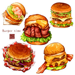 Rule 34 | artist logo, artist name, bacon, bread, burger, cheese, chicken (food), egg (food), food, food focus, fried egg, highres, lettuce, meat, no humans, onion, original, simple background, white background, yuki00yo