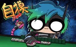 Rule 34 | 1girl, :3, alter (apex legends), apex legends, artist name, black gloves, black sclera, blue hair, cartoonized, chibi, chinese commentary, colored sclera, gloves, gradient hair, green hair, highres, mahjong, mahjong table, mahjong tile, mechanical tentacles, miyan (oceanmaiden), multicolored hair, pink gloves, shadow, smile, solo, table, toon (style), two-tone gloves, v-shaped eyebrows, white eyes