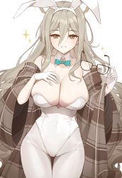 Rule 34 | 1girl, absurdres, akane (blue archive), akane (bunny) (blue archive), animal ears, bare shoulders, blue archive, bow, bowtie, breasts, cleavage, coat, collar, covered erect nipples, glasses, gloves, grey eyes, grey hair, halo, hand on own chest, highres, large breasts, leotard, looking at viewer, pantyhose, parted lips, playboy bunny, rabbit ears, seizou hidzuke, skindentation, smile, solo, thigh gap, thighs, unworn eyewear, white gloves, white leotard, white pantyhose, wide hips