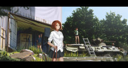 Rule 34 | 3girls, absurdres, armored personnel carrier, armored vehicle, bike shorts, black skirt, blue shirt, blue sky, brown eyes, brown hair, building, closed mouth, commentary, container, contrapposto, crate, day, english commentary, faiz azhar, green jacket, hand on own hip, highres, jacket, ladder, letterboxed, military, military vehicle, motor vehicle, multiple girls, one eye closed, open clothes, open jacket, original, outdoors, pleated skirt, shirt, skirt, sky, standing, tank, tree, white shirt