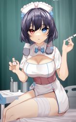 Rule 34 | 1girl, absurdres, animal ears, bandaged leg, bandages, bandaid, bed, black hair, blue bow, blue bowtie, blue eyes, bottle, bow, bowtie, breasts, cine (wazd0183), cleavage, cleavage cutout, clothing cutout, collared dress, commentary, cup, dress, english commentary, hair between eyes, hair bow, hair intakes, hat, heterochromia, highres, holding, holding bottle, holding syringe, id card, korean commentary, looking at viewer, medium breasts, medium hair, mixed-language commentary, nurse, nurse cap, on bed, original, parted lips, red eyes, short dress, short sleeves, sitting, solo, syringe, white dress, white hat