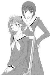 Rule 34 | 00s, 2girls, chair, drill hair, greyscale, hands on own hips, long sleeves, looking at viewer, maria-sama ga miteru, matsudaira touko, milk-candy, monochrome, multiple girls, neckerchief, nijou noriko, sailor collar, school uniform, serafuku, simple background, sitting, twintails, white background