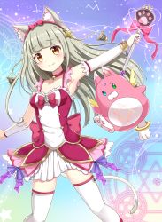 Rule 34 | 1girl, animal ear fluff, animal ears, armpits, bell, blush, bow, bow hairband, brown eyes, cat ears, cat girl, cat tail, choker, collarbone, detached sleeves, dress, gradient background, grey hair, hair ornament, hairband, highres, holding, holding wand, hoshi tanuki (shironeko project), long hair, loussier ellerensia, magic circle, neck bell, paw print, pink bow, pink hairband, shironeko project, smile, sunameri (pixiv3564245), tail, wand, white dress, white legwear
