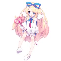 Rule 34 | 1girl, angel, angel wings, big hair, blonde hair, blue eyes, blue ribbon, blush, commentary request, detached sleeves, disgaea, dress, flonne, frilled sleeves, frills, hair ribbon, heart, holding, holding staff, long hair, long sleeves, mary janes, mini wings, no socks, open mouth, ribbon, shoes, sidelocks, simple background, sleeveless, sleeveless dress, solo, staff, two-handed, uzaki moi, very long hair, white background, white dress, white footwear, white wings, wings