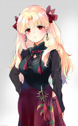Rule 34 | 1girl, alternate costume, azumi (myameco), blonde hair, breasts, cleavage cutout, closed mouth, clothing cutout, earrings, ereshkigal (fate), ereshkigal (youming niangniang) (fate), fate/grand order, fate (series), gradient background, grey background, hair ribbon, jewelry, long hair, long sleeves, looking at viewer, medium breasts, red eyes, red ribbon, ribbon, solo, two side up