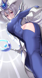 Rule 34 | 1girl, absurdres, ass, breasts, duel monster, feet out of frame, from below, gem, gloves, grey hair, hair between eyes, hat, highres, kirikan (cokekiri), large breasts, long hair, looking at viewer, looking down, pink eyes, shiny clothes, silent magician, solo, staff, white gloves, wizard hat, yu-gi-oh!