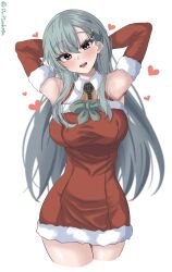 Rule 34 | 1girl, alternate costume, aqua eyes, aqua hair, arms behind head, ascot, blush, breasts, christmas, christmas tree hair ornament, dr.plankton, dress, elbow gloves, fur-trimmed dress, fur trim, gloves, hair ornament, hairclip, highres, kantai collection, large breasts, long hair, looking at viewer, merry christmas, official alternate costume, open mouth, orange ascot, red dress, santa dress, smile, solo, suzuya (kancolle), twitter username