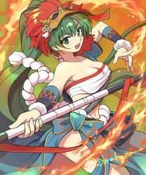 Rule 34 | 1girl, breasts, chest sarashi, cleavage, earrings, fire, fire emblem, fire emblem: the blazing blade, fire emblem heroes, green eyes, green hair, jewelry, large breasts, long hair, looking at viewer, lyn (fire emblem), mask, mask on head, navel, nintendo, official alternate costume, ponytail, sarashi, sorakaza, thighs, very long hair